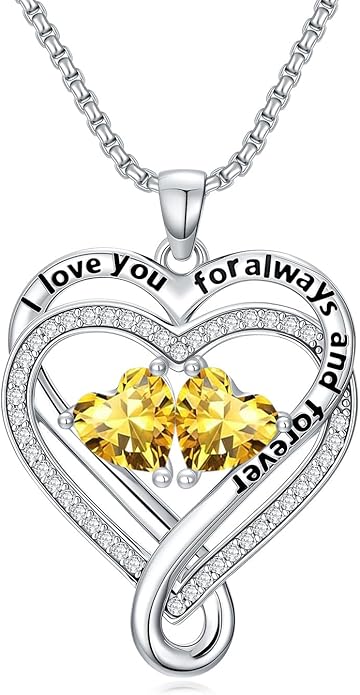 I Love You for Awlays and Forever Double Heart Necklace with Birthstone, 2 Birth Stone Jewelry Anniversary Valentines Mothers Day Christmas Birthday Gifts for Women Her Wife Girlfriend Mom Mother
