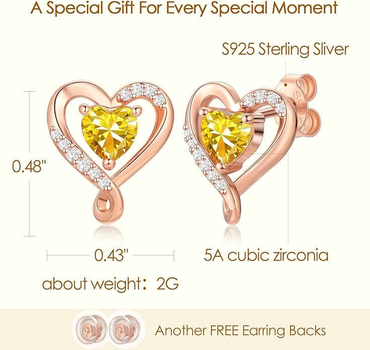 Earrings for Women, S925 Sterling Silver Rose Gold Birthstone Heart Studs Earring for Girlfriend Wife, Anniversary Birthday Christmas Valentines Mothers Day Gifts Jewelry for Women Wife Her Mom
