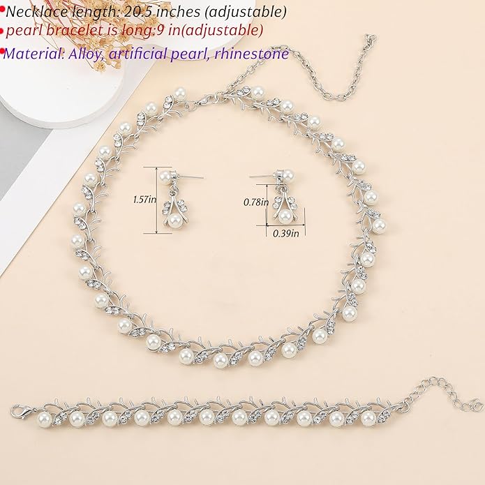 la luen Pearl Bride Wedding Jewelry Set Faux Pearls Crystal Rhinestone Necklace Earrings Bracelet Sets for Women Bridesmaid(3 PCS)