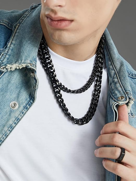 ChainsHouse Miami Cuban Link Chain Necklace for Men, 4.8mm/6mm/10mm/14mm Width, 14K Gold Plated/Stainless Steel/Black Mens Chunky Hip Hop Necklace Curb Chains, 14"-30" Length, Come Gift Box