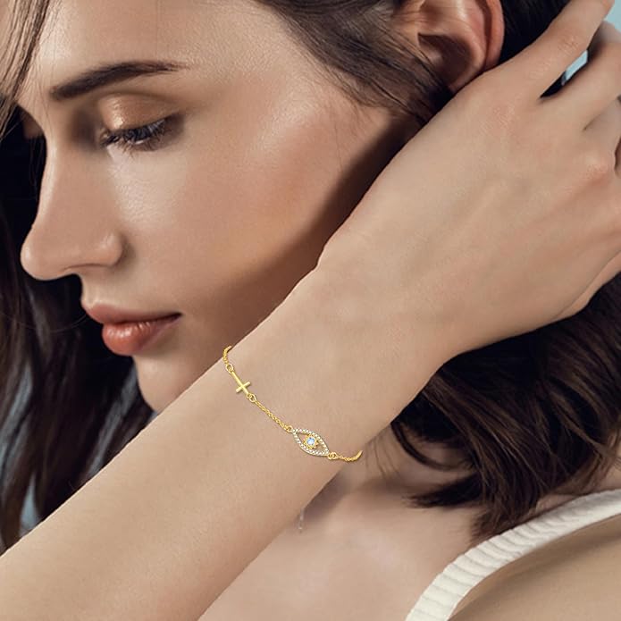 Religion Bracelet S925 Sterling Silver Cross/Evil Eye Bracelet Good Lucky Faith Jewelry Gifts for Women