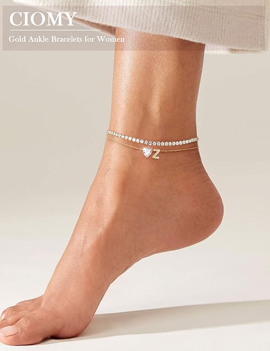Gold Initial Ankle Bracelets for Women 14K Gold Plated CZ heart Tennis Anklets for Women Waterproof Layered Adjustable Letter Anklets Large Ankle Summer Beach Foot Jewelry