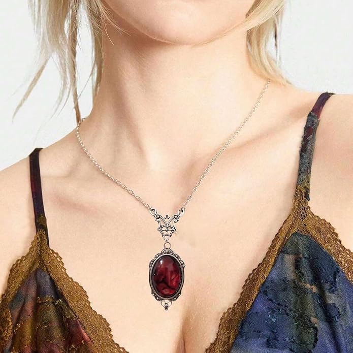 Gothic Vampire Necklace Vintage Stardust Crystal Cameo Pendant Necklace Punk Style Vampire Pendant Oval Necklace Satanic Demon Red Pendant Necklace Jewelry