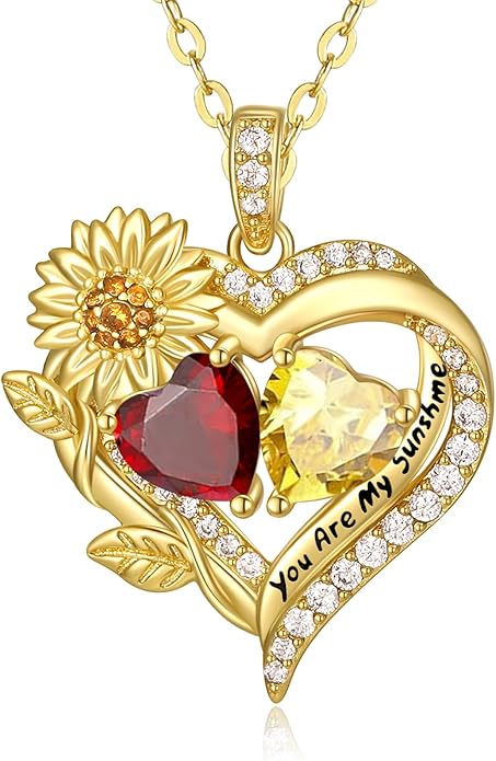 Sunflower Heart Necklace for Women 14K Gold Exquisite Anniversary Birthday Gifts for Wife Mother Her Double Birthstone Pendant jewelry‘You Are My Sunshine’