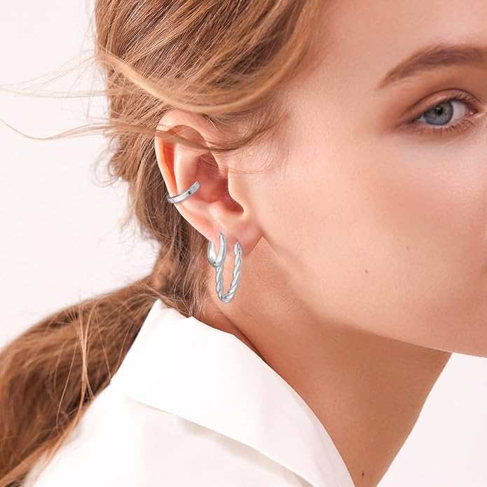 6 Pairs Gold Hoop Earrings Set for Women, Hypoallergenic 14K Gold Chunky Earrings, Lightweight Small Thin Cute Dainty Trendy Clip On Jewelry Gifts for Womens for Multiple Piercing (Gold & Silver)