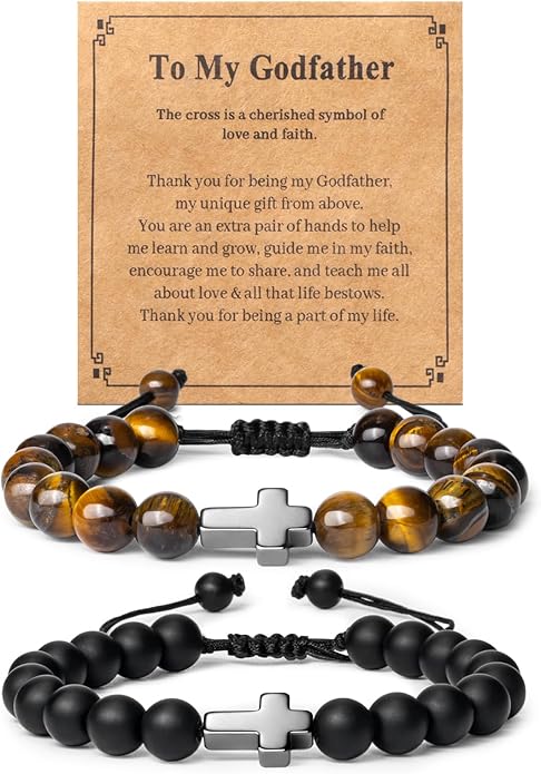 Romass 2Pcs Cross Bracelet for Men,Tiger Eye Beaded Bracelets 8MM Natural Stone Adjustable Jewelry Christian Easter Christmas Gifts Box