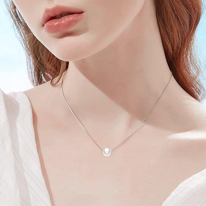14K Yellow Gold Pearl Necklace for Women, Real Gold Durable Box Chain with Single Cultured Pearl Pendant Necklace Anniversary Birthday Gift for Her, Wife, Mother, Girl 18 Inch