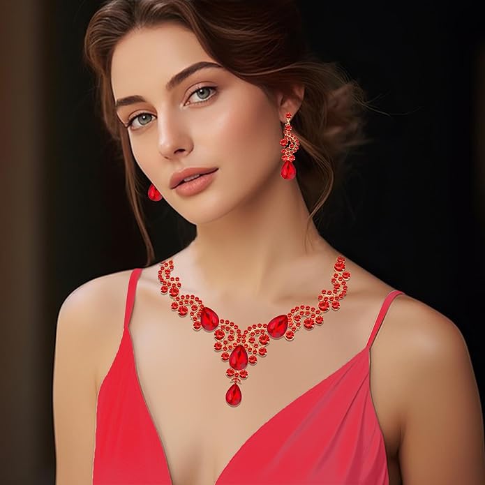 Paxuan Crystal Bridal Wedding Jewelry Sets for Women Rhinestone Teardrop Crystal Statement Choker Necklace Drop Earrings Link Bracelets Rings Teardrop Jewelry Set for Brides Bridesmaids