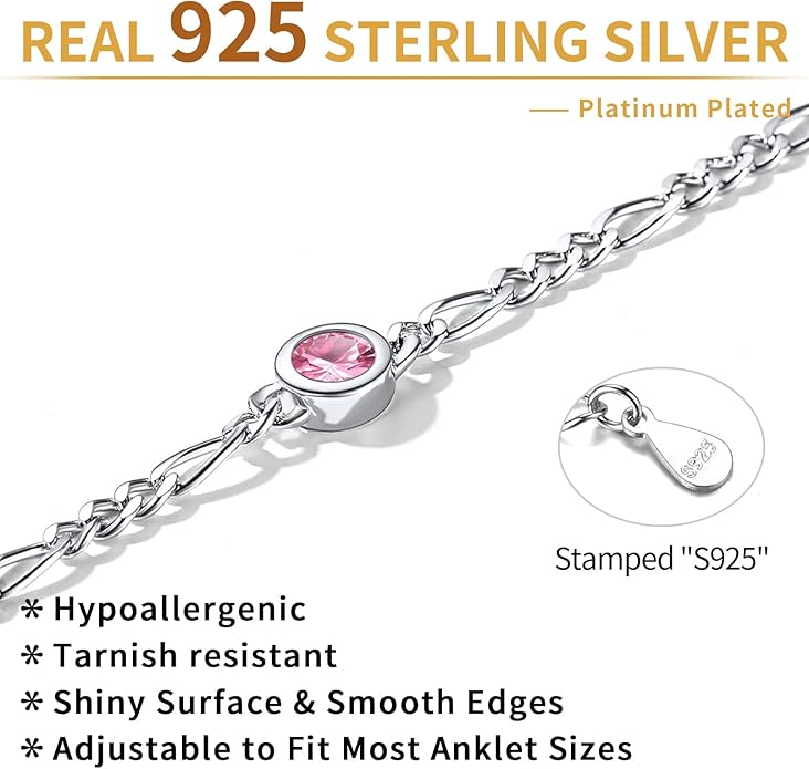 ChicSilver Sterling Silver Anklets Bracelets for Women, Figaro Chain Heart/Round Birthstone Anklet for Women Waterproof, Dainty Herringbone Ankle Bracelet Summer Beach jewelry
