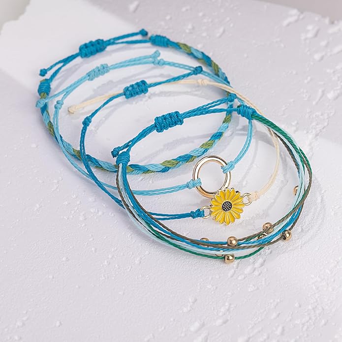 FANCY SHINY Sunflower String Bracelet Boho Braided Rope Wrap Bracelets Cute Summer Beach Surfer Jewelry for Women