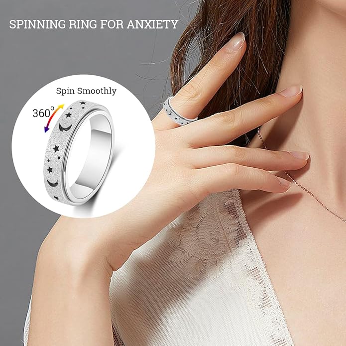AmorArtSky Anxiety Ring for Women Men, Titanium Stainless Steel Spinner Ring, 5 Colors, 6MM, Size 6-10, 3 Styles Anxiety Ring-Moon Star, Sandblasted Finished, Hollow Outer