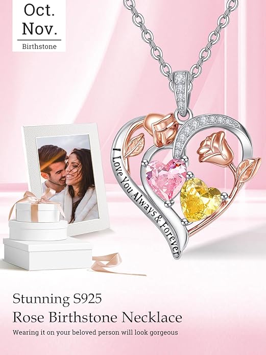 Zeuslia Double Birthstone Necklace Gifts for Wife - 925 Sterling Silver Sunflower/Rose/Crown Cross/Compass/Heart Pendant I Love You Necklace, Anniversary Birthday Gifts for Wife Girlfriend Mom Her
