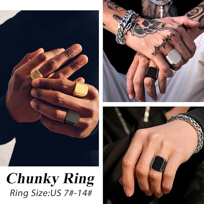 Bestyle Stainless Steel Signet Ring for Men Women in Gold/Black/Silver/Vintage Gray Tone, Chunky Thick Heavy Dome Band Ring Cool Finger Ring, Gift for Dad Husband, Size 7-14 Customizable