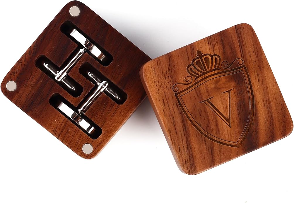 Mens Initial Silver Cufflinks A-Z Alphabet Letter Steel Cuff Links with Engraved Walnut Wood Box Groom Groomsman Wedding Set…