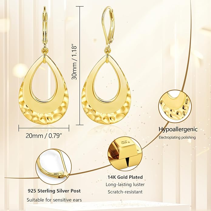 925 Sterling Silver Teardrop Dangle Earrings for Women Hammered Layer Drop Dangle Earrings Jewelry Hypoallergenic Boho Teardrop Leverback Dangle Earings for Jewelry Gifts