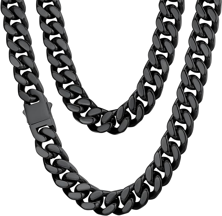 ChainsHouse Stainless Steel Mens Cuban Link Chain, Black/ 18K Gold Plated Miami Cuban Chain Necklace, 5mm/7mm/9mm/12mm/14mm Width, No Tarnish& Durable Hip Hop Mens Jewelry, 18"-30", Send Gift Box