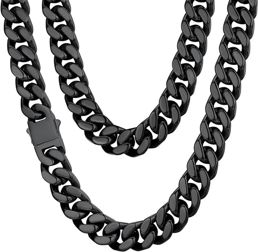 ChainsHouse Stainless Steel Mens Cuban Link Chain, Black/ 18K Gold Plated Miami Cuban Chain Necklace, 5mm/7mm/9mm/12mm/14mm Width, No Tarnish& Durable Hip Hop Mens Jewelry, 18"-30", Send Gift Box