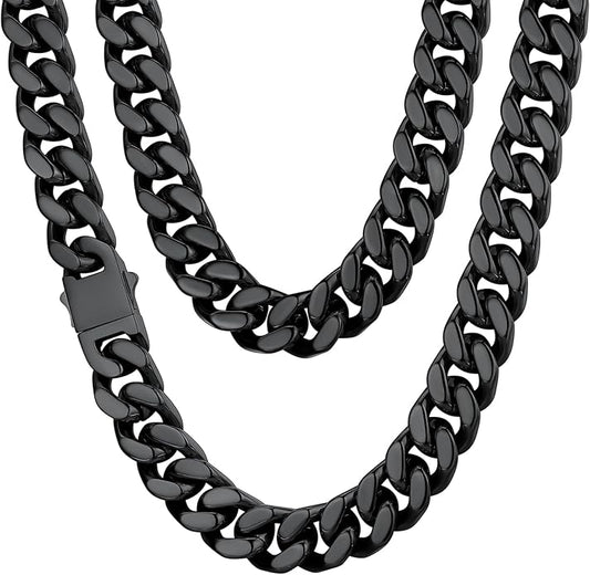 ChainsHouse Stainless Steel Mens Cuban Link Chain, Black/ 18K Gold Plated Miami Cuban Chain Necklace, 5mm/7mm/9mm/12mm/14mm Width, No Tarnish& Durable Hip Hop Mens Jewelry, 18"-30", Send Gift Box