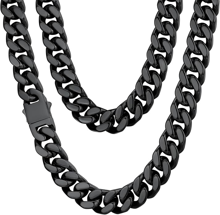 ChainsHouse Stainless Steel Mens Cuban Link Chain, Black/ 18K Gold Plated Miami Cuban Chain Necklace, 5mm/7mm/9mm/12mm/14mm Width, No Tarnish& Durable Hip Hop Mens Jewelry, 18"-30", Send Gift Box