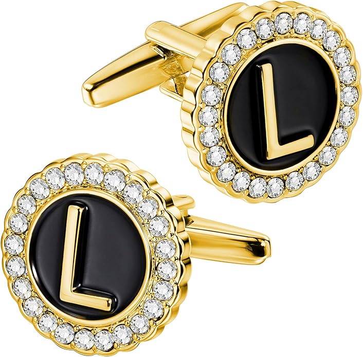 HAWSON A-Z Initial Cufflinks for Men and Women with Clear Crystal, Gold Silver Color Rasied Letter A-Z Cuff Links for French Shirt, Gift for Normal and Business Wearing
