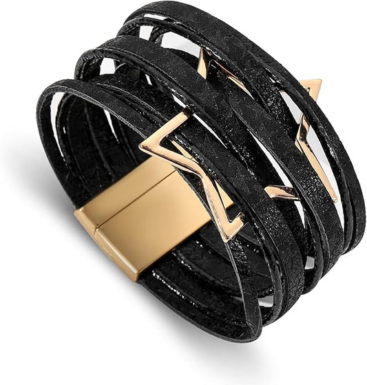 Fesciory Leopard Bracelet for Women, Boho Leather Wrap Multi-Layer Pearl Crystal Bracelet Bangle Jewelry