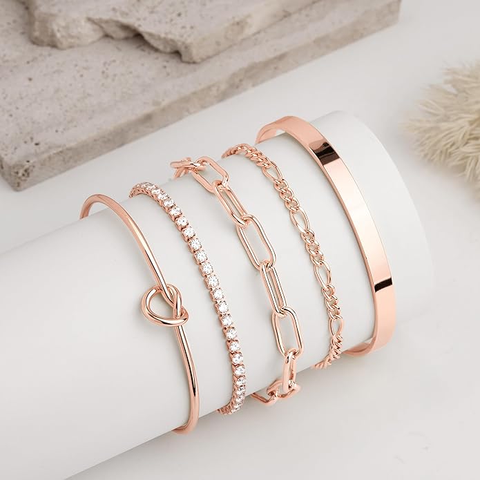 Gold Bracelets for Women Non Tarnish, 14K Gold Plated Chunky Cuff Bracelet Gold Bangles Bracelet for Women Trendy Tie Knot Cuban Rope Paperclip Beaded Bracelet Stack Jewelry Gifts