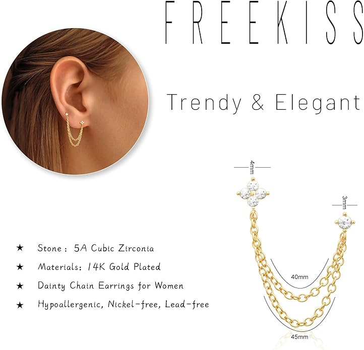Freekiss Gold Chain Studs Earrings for Women Trendy: Hypoallergenic 14K Gold Plated Dangle Earrings Dainty Small Long Chain Earring Set Fashion Gold Jewelry for Women