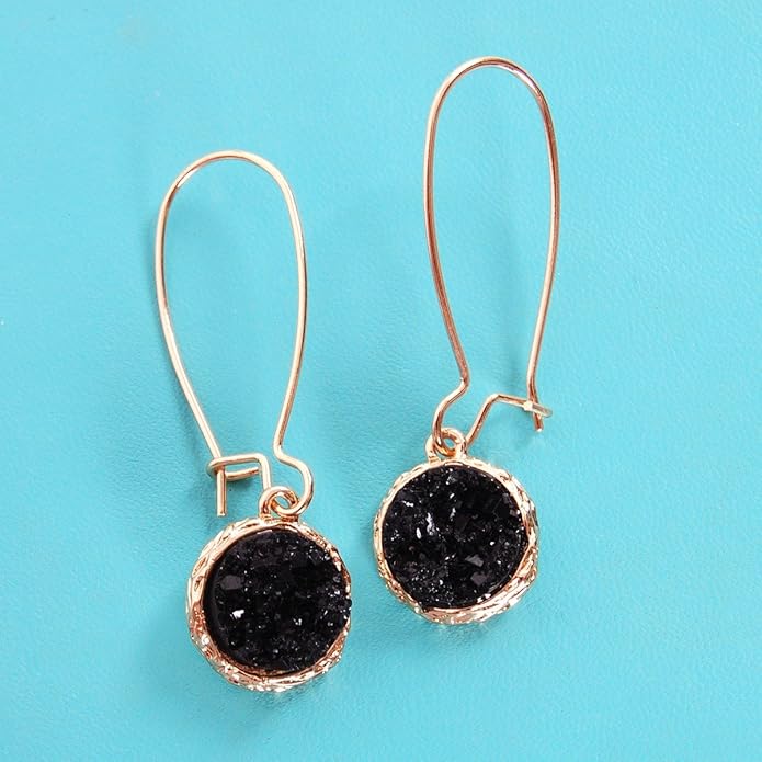 Simulated Druzy Threader Drop Earrings for Women - Gold, Silver, or Rose Gold Tone Trendy Boho Dangles with Sparkly Round Stone