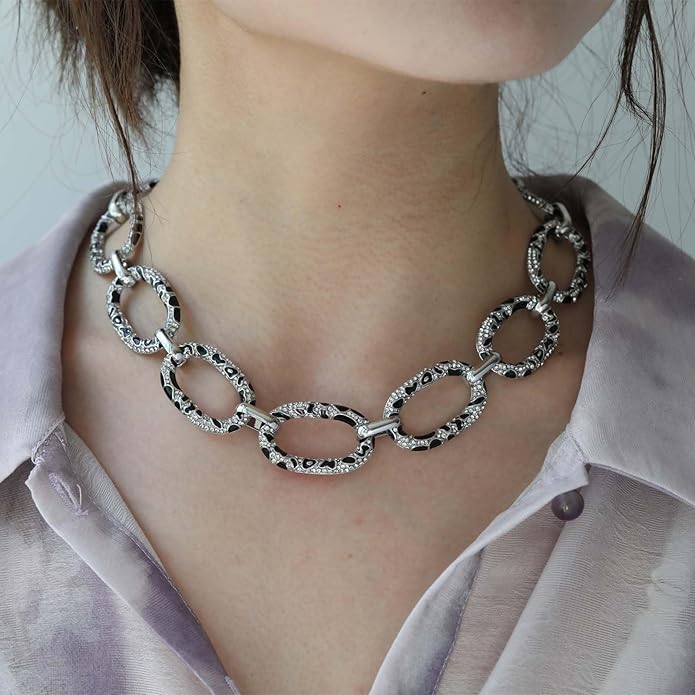 Chunky Chain Necklace Geometric Links Collar Necklace, Animal Prints Black and White Enamelled with Rhinestone Embellished Details Women Gifts