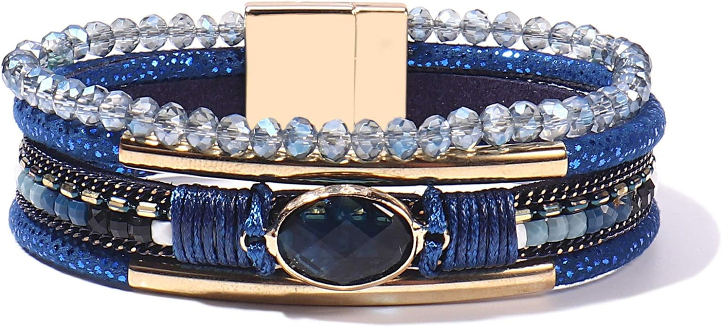 FANCY SHINY Leather Wrap Bracelets Crystal Beads Bracelet Boho Cuff Stone Charm Bracelets with Clasp Costume Jewelry for Women