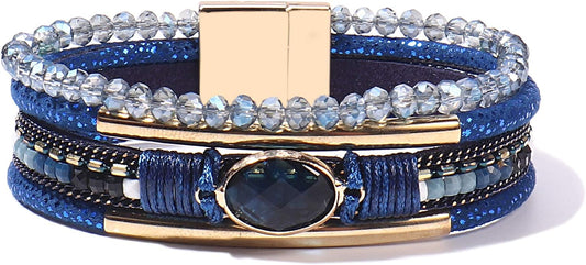 FANCY SHINY Leather Wrap Bracelets Crystal Beads Bracelet Boho Cuff Stone Charm Bracelets with Clasp Costume Jewelry for Women