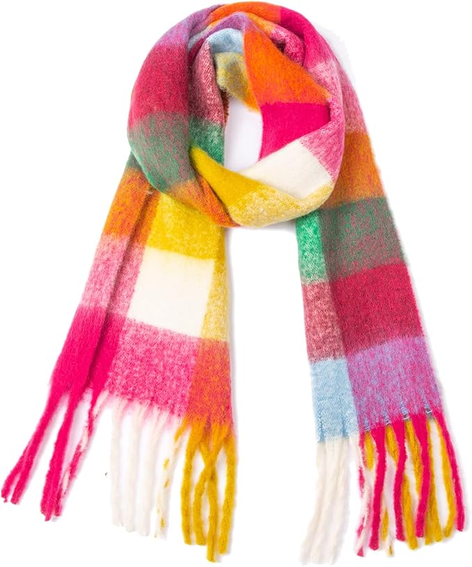 SHOHOKU Large Chunky Plaid Scarf Coloured Checked Oversized Scarf Tassel Soft Fall Winter Thick Warm Shawl Women