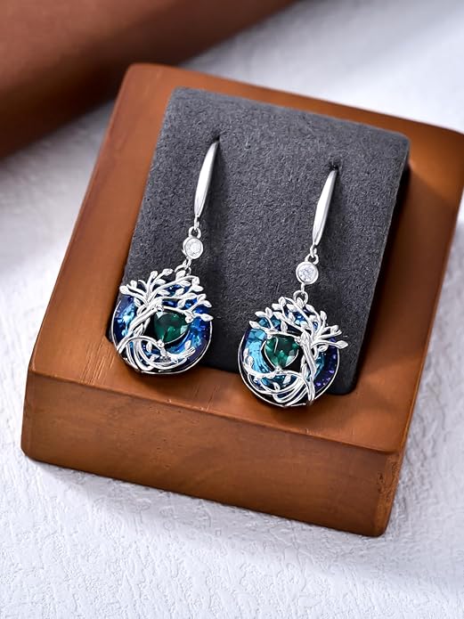 TOUPOP Tree of Life Birthstone Earrings for Women 925 Sterling Silver Family Tree Dangle Earrings Austrian Crystal Jewelry Birthday Christmas Gifts for Her Girlfriend Wife Mom