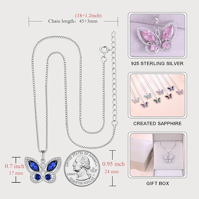 STARCHENIE Butterfly Pendant Necklace for Women 925 Sterling Silver Birthstone Butterfly Jewelry Gifts