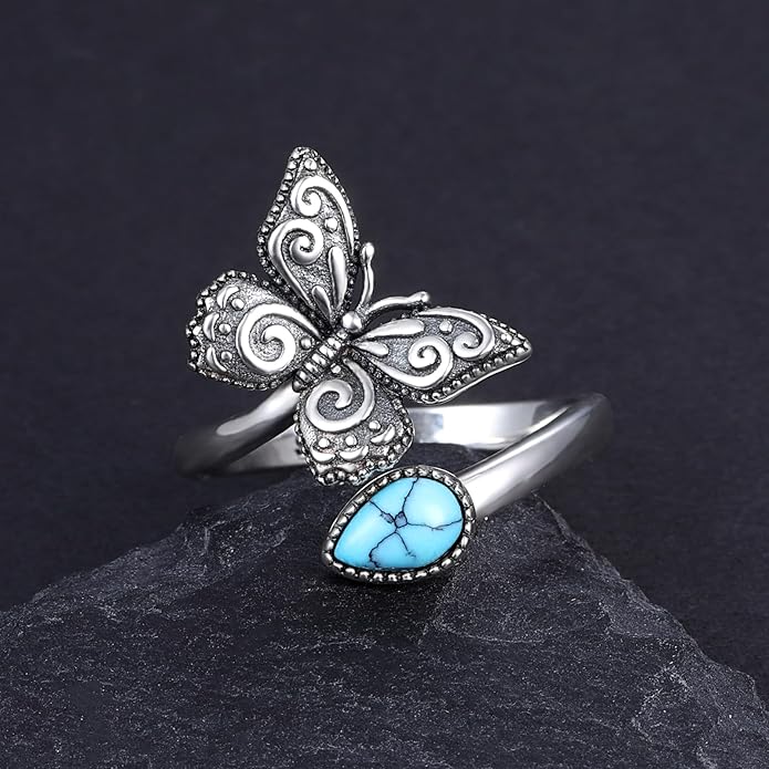 S925-Sterling-Silver Abalone Dragonfly-Turquoise Spoon Ring - Vintage Boho Sunflower Thumb Oxidized Wrap Rings Victorian Style Antique Floral Jewelry Gifts for Women