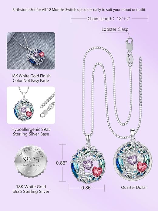 TOUPOP s925 Sterling Silver Family Celtic Tree of Life Pendant Necklaces with 2 Heart Birthstone with Blue Austrian Crystal Jewelry Birthday Anniversary Christmas Gifts for Her Wife Girlfriend Mom (18K Real White Gold Filled)