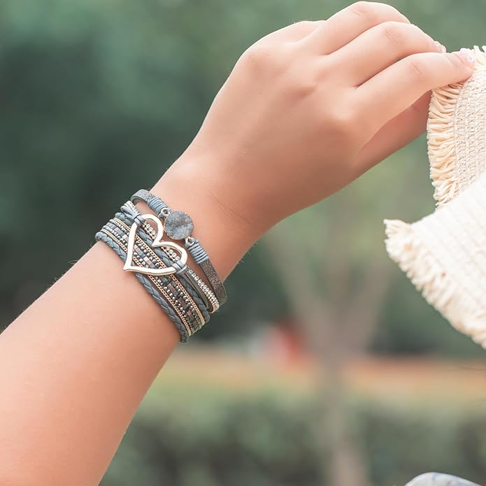 FANCY SHINY Heart Leather Wrap Bracelets Stackable Boho Cuff Bangles Trendy Resin Stone Rhinestone Bracelets with Magnetic Clasp for Women