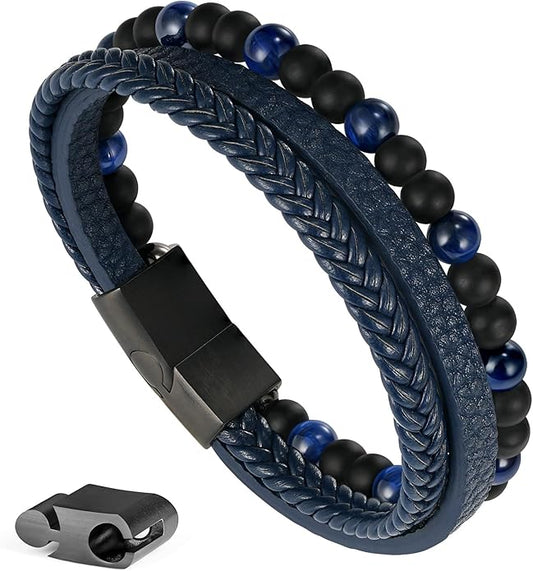 Gifts for Men - Layered Leather Beads Bracelet, Tiger Eye Lava Rock Stone Braided Leather Bracelets for Men Adjustable Magnetic Clasp Birthday Gifts