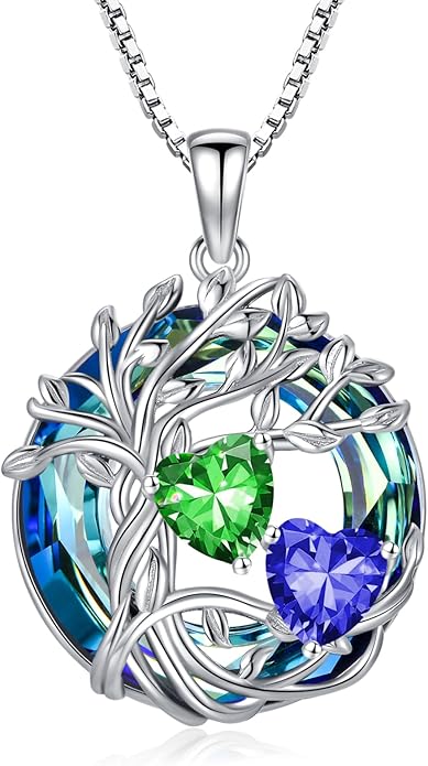TOUPOP s925 Sterling Silver Family Celtic Tree of Life Pendant Necklaces with 2 Heart Birthstone with Blue Austrian Crystal Jewelry Birthday Anniversary Christmas Gifts for Her Wife Girlfriend Mom (18K Real White Gold Filled)