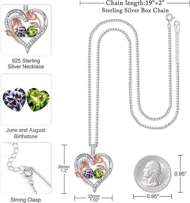Iefil Birthstone Necklace for Women - 925 Sterling Silver Rose Heart Birthstone Necklace Birthday Anniversary Jewelry Gifts for Her Wife Mom Daughter