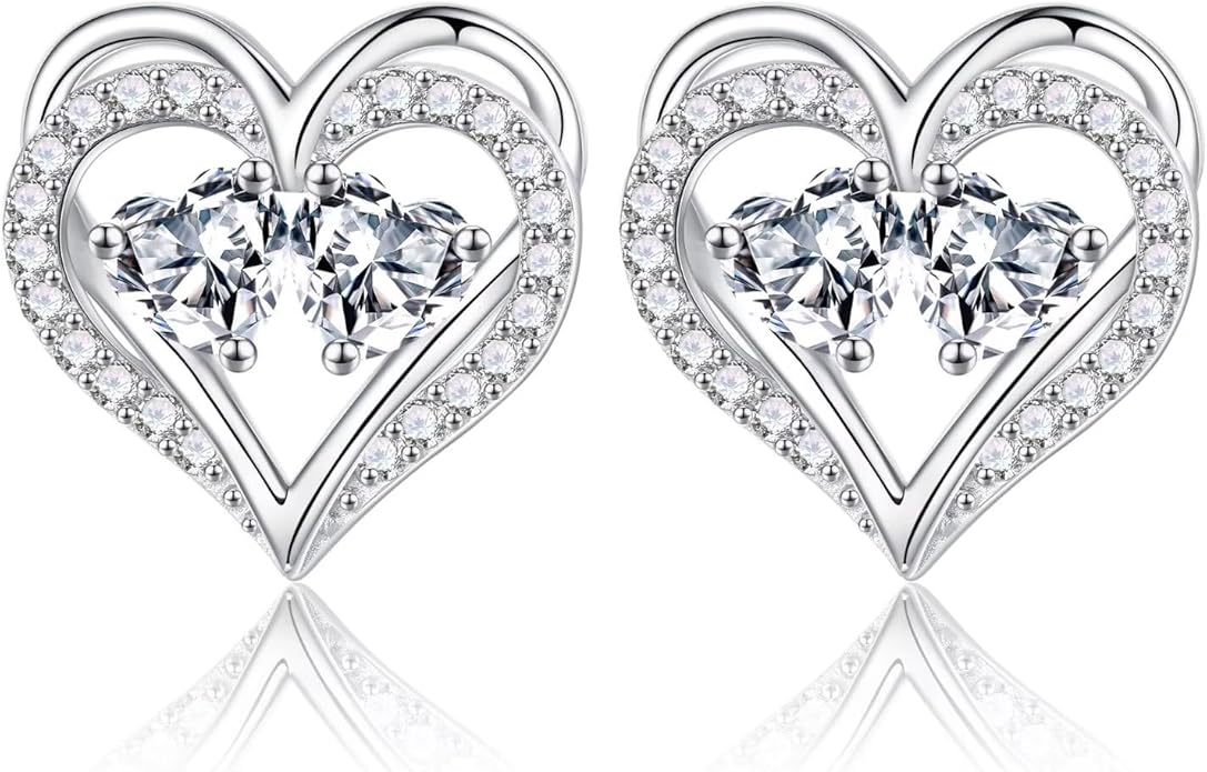 Iefil Birthstone Earrings for Women - 925 Sterling Silver Heart Earrings Anniversary Birthday Gifts for Women Wife Girlfriend Mom
