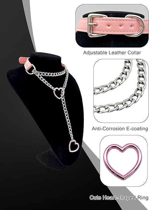 Black Leather Choker Collar For Women, Handmade Heart Slip Chain Choker Long Necklace with Adjustable Buckle