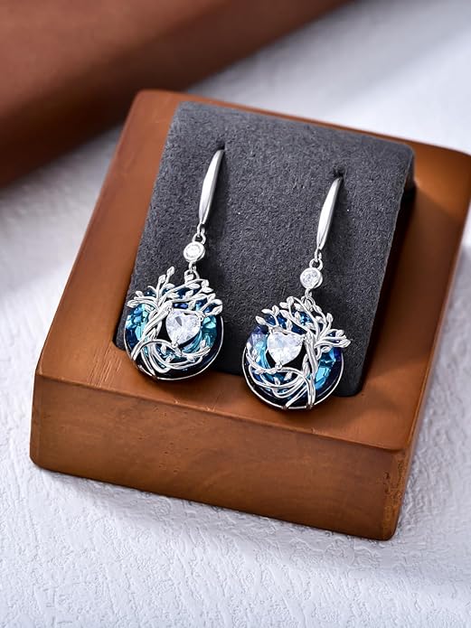 TOUPOP Tree of Life Birthstone Earrings for Women 925 Sterling Silver Family Tree Dangle Earrings Austrian Crystal Jewelry Birthday Christmas Gifts for Her Girlfriend Wife Mom