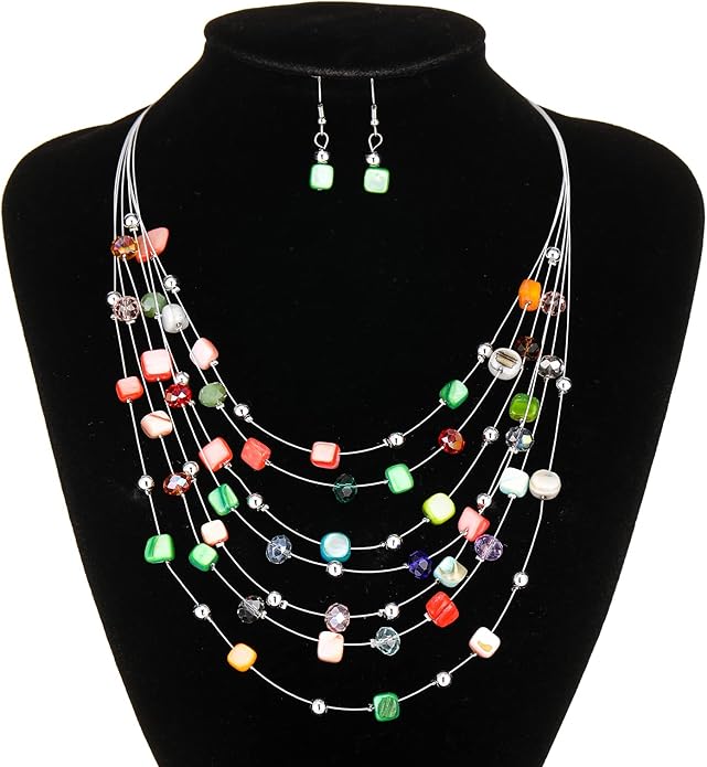 Multi-Layer Boho Shell Beaded Necklace for Women Colorful Crystal Strand with Silver Beads Statement Collars Necklace and Earrings Costumes Jewelry Sets for Women