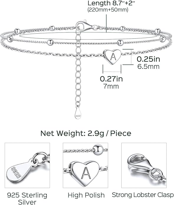 ChicSilver Sterling Silver Anklets for Women 925 Ankle Bracelets for Women Layered Heart Anklet With Beaded Anklets for Women