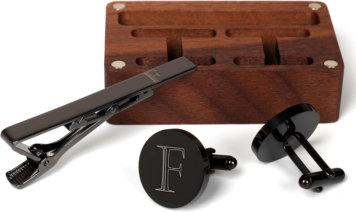Mens Initial Cufflinks and Tie Clip A-Z Alphabet Letter Black Stainless Cuff Links Tie Bar with Engraved Walnut Wood Box Groom Groomsman Wedding Set