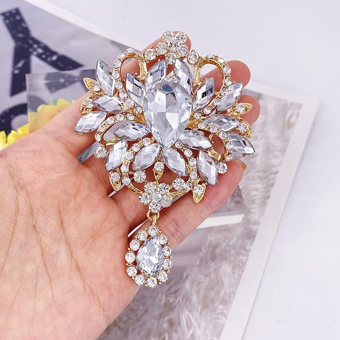 LAXPICOL Wedding Bridal Big Brown Crystal Rhinestone Bouquet Brooch Pin for Women Golden Tone