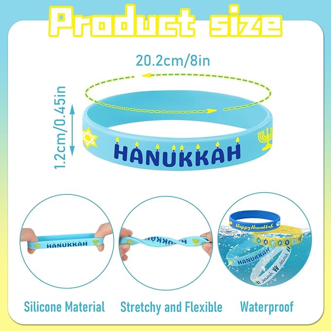 JUNEBRUSHS 64pcs Hanukkah Party Favors Silicone Bracelets Rubber Canukkah Rubber Wristbands for Hanukkah Party Gift Fillers Decorations Supplies(8 Designs)