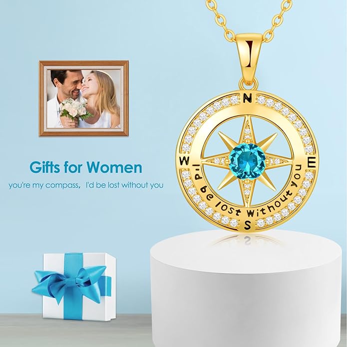 Zifeel Compass Necklace Gifts for Women wife - S925 Sterling Silver Birthstone Necklaces for Women - Anniversary Birthday Gifts for Her Wife Girlfriend - Valentines Mom Mothers Day Christmas Gifts Jewelry for Women