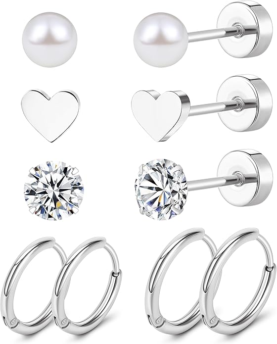 MJust Titanium Earrings for Sensitive Ears 20G Hypoallergenic Stud Hoop Earrings for Women Men Opal Ball CZ Heart Pearl Flat Back Earrings Cartilage Earrings Set